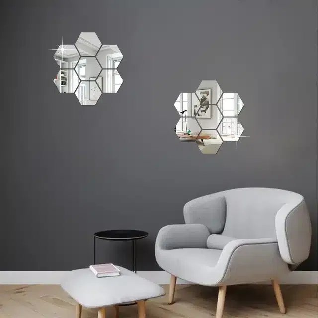 Acrylic Hexagon Shaped Wall Mirror Stickers (Silver, Pack of 14)
