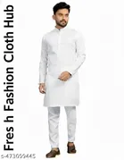 Cotton  Solid Kurta Set for Men, White 