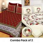 Jaipuri Cotton 88x88 Inch Double Bedsheet with 2 Pillow Cover (Red) & (White) Pack of 2