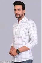 Cotton Blend Checkred Shirt for Men, White 