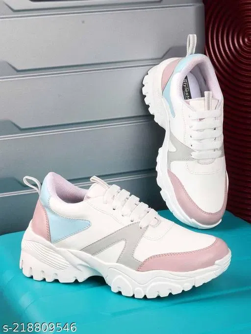 Colorblocked Synthetic Sneakers for Girls (White, 14-15 Years)