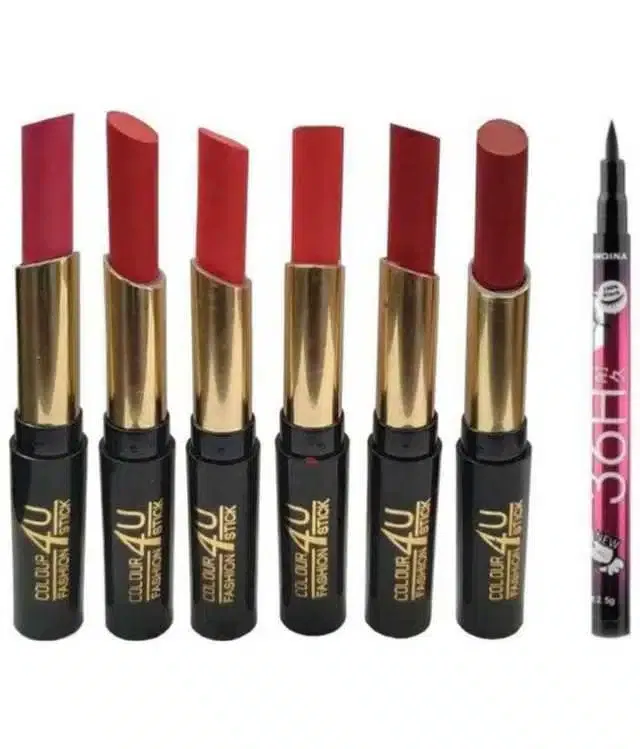 Lenon Black Pen Eyeliner & Creme Lipstick (Pack of 7) (7 g) (S-13)