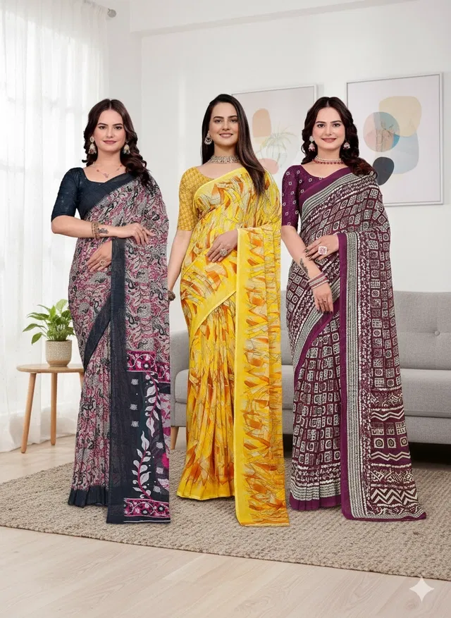Georgette Printed Saree for Women, Multicolor, Pack of 3 (6.3 m)