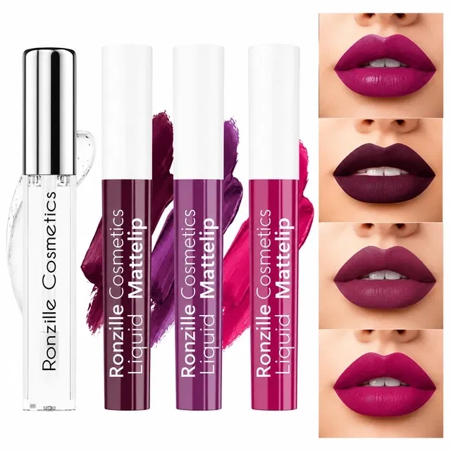 Ronzille Matte Liquid Lipstick with Lip Gloss, Purple Edition [Pack of 4]