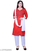 Rayon Embroidered Kurta with Pant & Dupatta for Women (Red & White, M)