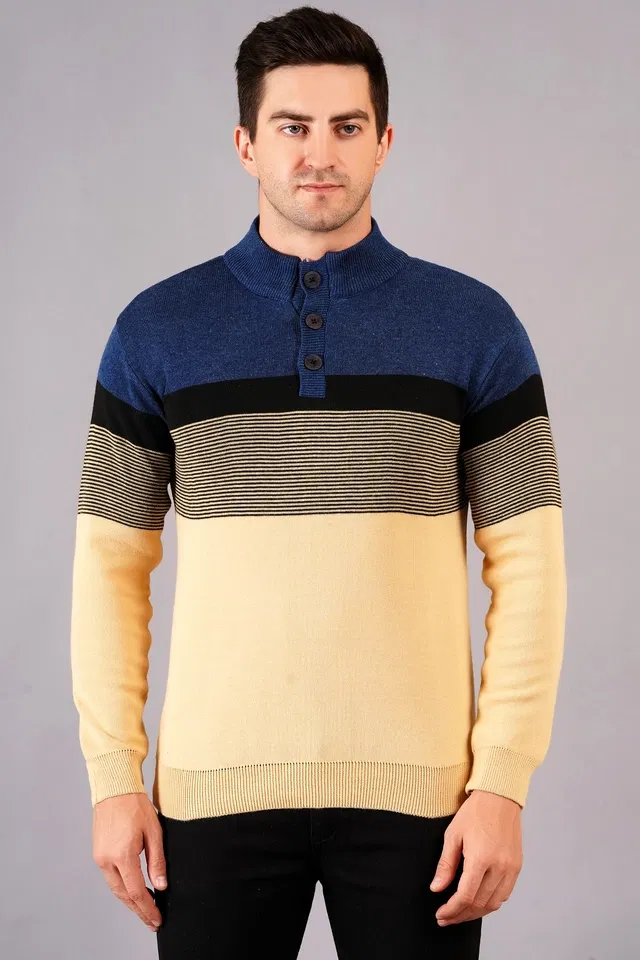 Full Sleeves Sweater For Men, Blue & Yellow (XL)