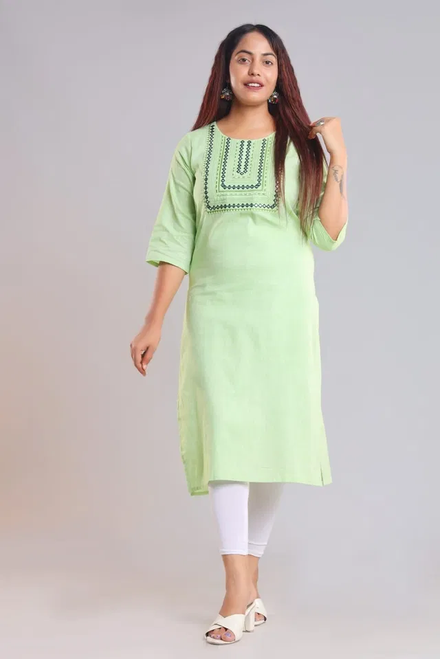 Khadi Cotton Embroidered Kurti for Women (Green, XL)