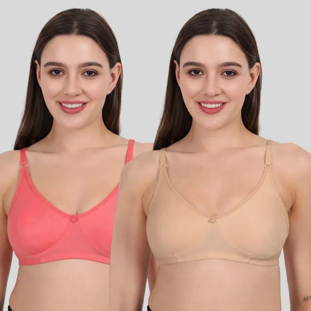 Cotton Bra for Women, Pink & Gold, Pack of 2 (36B)