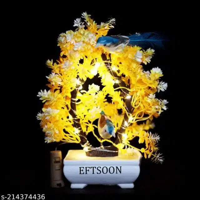 Artificial Bonsai Plant with Sparrow & Light (Yellow)