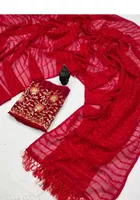 Georgette Solid Saree for Women, Red 