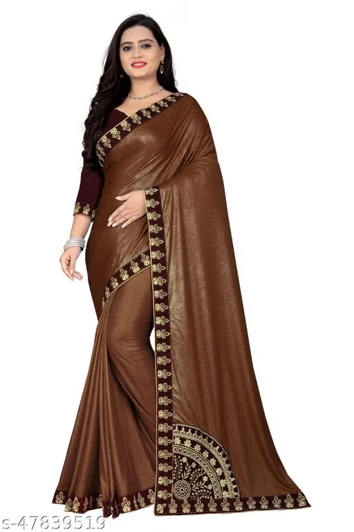 Lycra Blend Embroidered Saree For Women, Brown