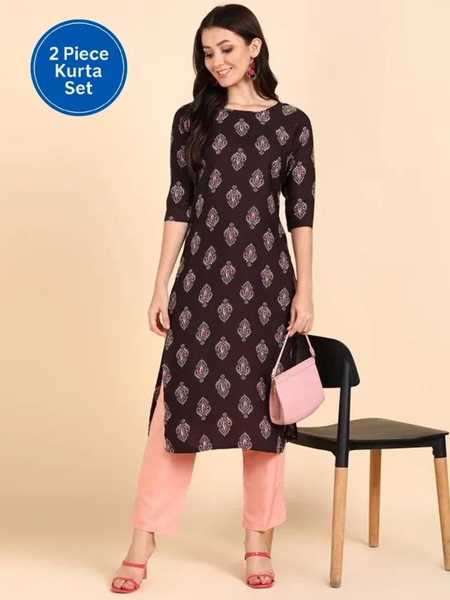 Crepe Block Print Women's Kurta with Pant Set (Brown, M)