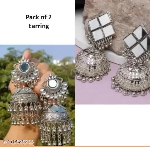 Big Size Jhumka 2 Pair Afghani Style Earrings Long Earrings For Women Oxidized Jewelry For Girls German Silver Boho Jhumas Stylish Earring
