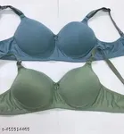 Cotton Blend Solid Bra for Women & Girls, Green & Blue, Pack of 2 