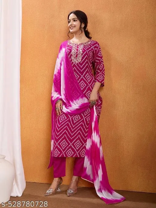 Bandhani Printed Rayon Kurta Set with Zari Embroidery & Nazmin Dupatta for Women (Pink, S)