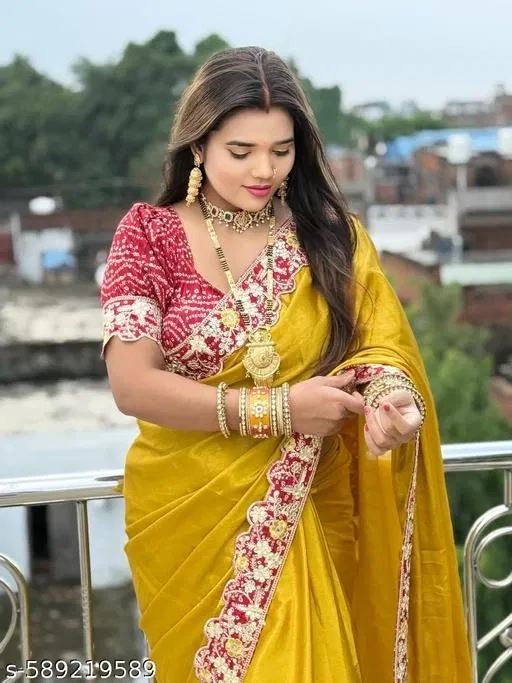 Chiffon Embroidered Saree for Women, Yellow (6.3 m)