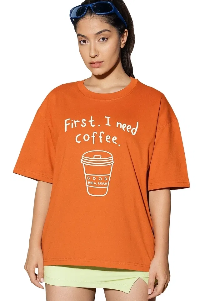 Round Neck Printed T-Shirt for Women, Orange (L)
