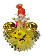 Metal Decorative Ganpati Haldi Kumkum Stand with 2 Roli Chawal Holder, Multicolor