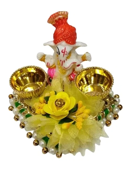 Metal Decorative Ganpati Haldi Kumkum Stand with 2 Roli Chawal Holder, Multicolor