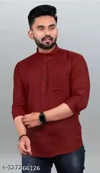 Cotton Blend Solid Short Kurta for Men, Maroon 
