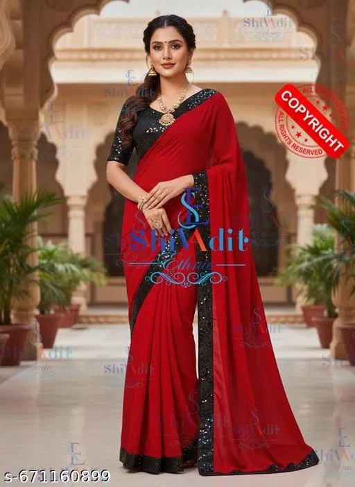 Georgette Printed Saree For Women, Red