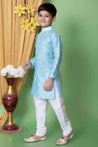 Dupion Silk Embellished Kurta with Payjama for Boys, Sky Blue & White 