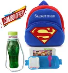 Combo of Fabric School Bag, Water Bottle with Lunch Box for Kids (Multicolor, Set of 3)