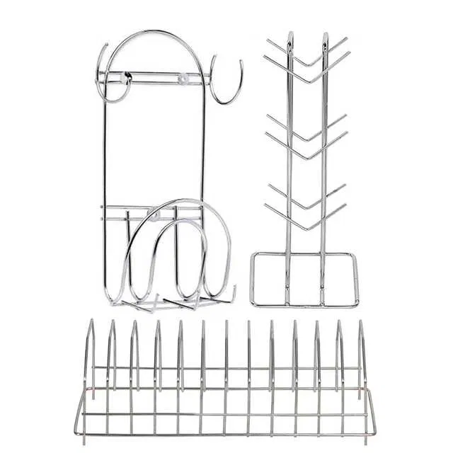 Stainless Steel Cup Stand & Plate Stand & Chakla Belan Stand With Hook For Kitchen (Set of 3) (OC-018)