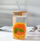 Afast Sipper Mug Fruit Juice Milk with Wooden Lid and Straw 410 ml - Green Tea Coffee Tumbler Cup,Starw Glass Juice for Kids,Adult 