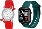 Analog & Smart Watch Combo for Women & Girls (Red & Green, Pack of 2)
