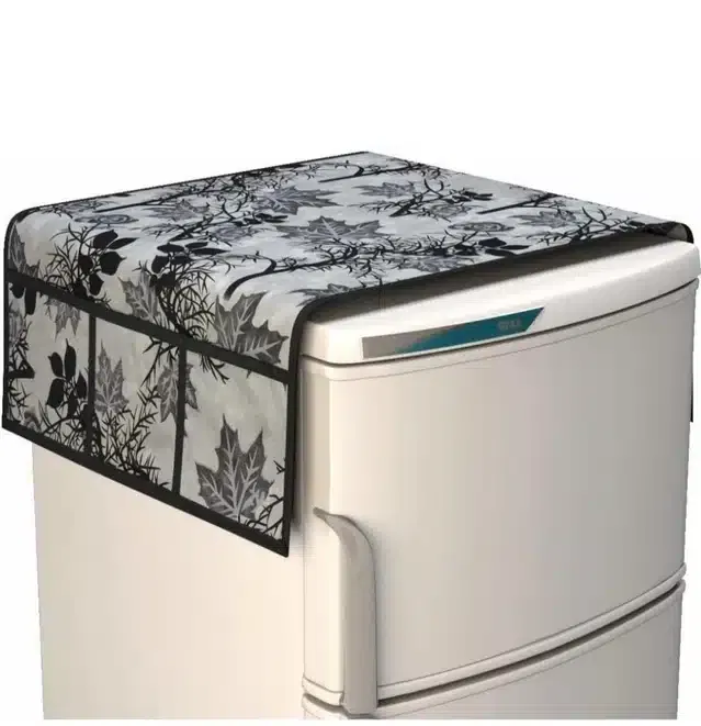 Knit Printed Fridge Top Cover with Side Pockets (Black)