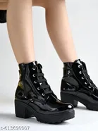 Shoetopia Solid Patent Leather Heeled Boots Black 