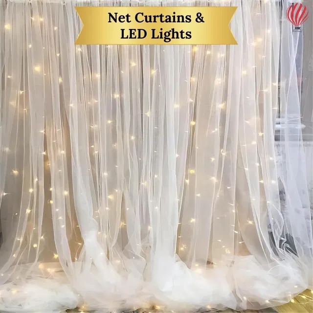 Solid White Net Curtain, Birthday Decoration Items LED Fairy Lights (White, Pack of 6)