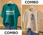 Cotton Blend Printed T-shirt for Women, Green & Beige, Pack of 2 