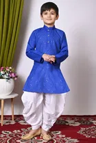 Cotton Embellished Kurta with Dhoti for Boys, Blue & White 