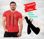 Round Neck Printed T-Shirt with Arm Sleeves for Men (Red & Black, S) (Set of 2)