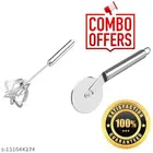 Stainless Steel Pizza Cutter with Hand Whisk Blender (Silver, Set of 2)