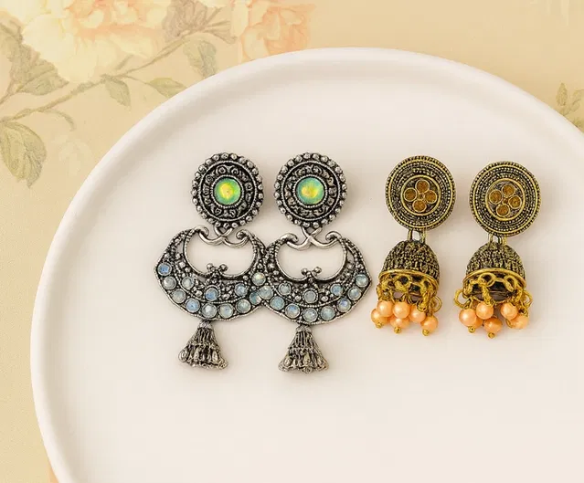 Women's Silver Oxidised Jhumka Earrings Combo with Mirror Work (Pack of 2)