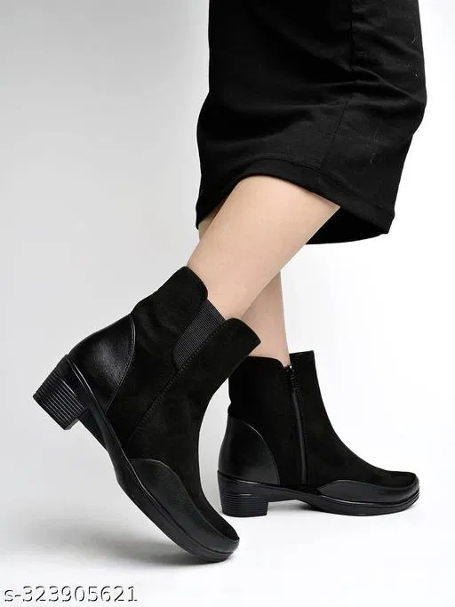 Shoetopia Solid Synthetic Block Heel Boots Black (IND-6)