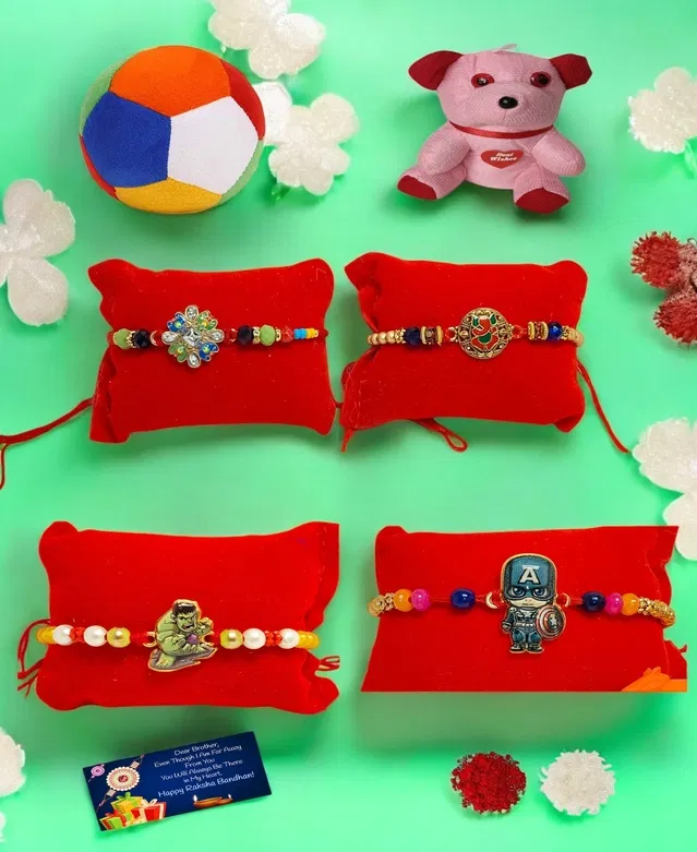 Combo of Metal 4 Pcs Rakhi with Ball, Teddy Bear, Greeting Card, Roli (Multicolor, Set of 1)