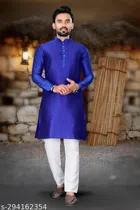 Cotton Blend Printed Kurta with Pyjama for Men (Royal Blue & White, S)