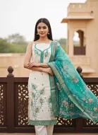 Cotton Silk Embellished Unstitched Suits Fabric for Women, White & Sky Blue