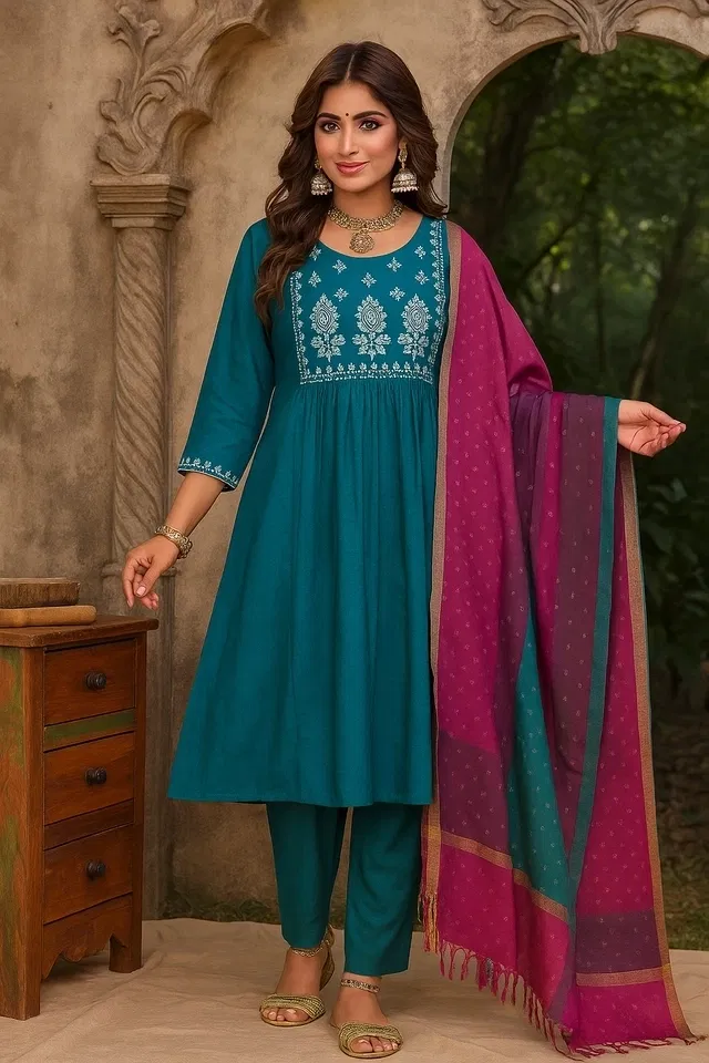 Rayon Embroidered Anarkali Women's Kurta with Pant & Dupatta Set (Teal, L)