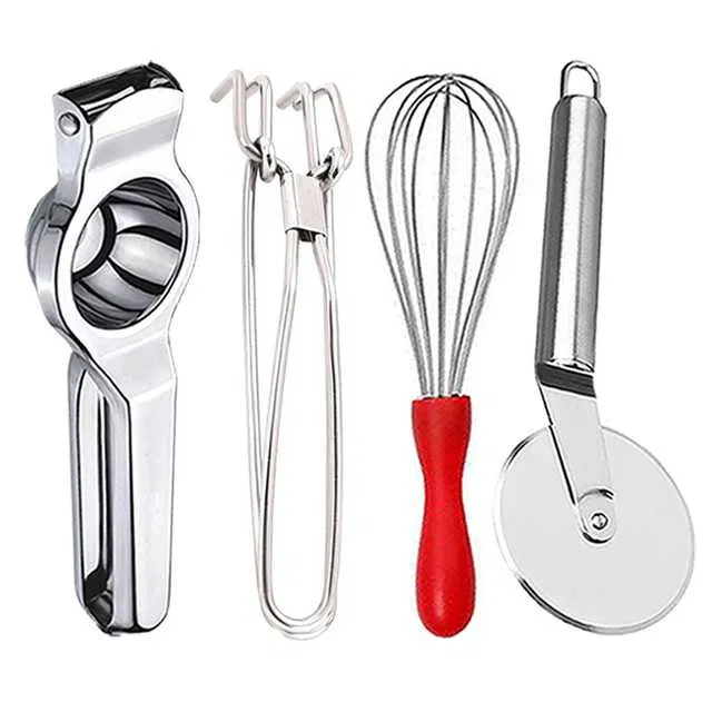 Stainless Steel Lemon Squeezer & Pakkad & Egg Whisk & Pizza Cutter For Kitchen (Set of 4) (OC-066)