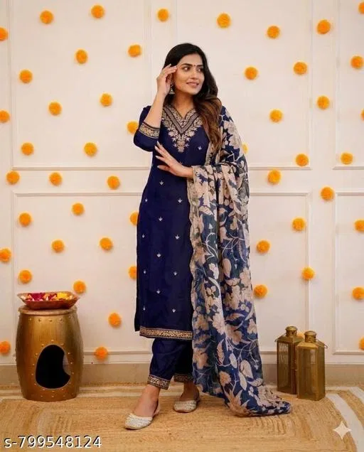 Kurta Set for Women (Navy Blue, XL)