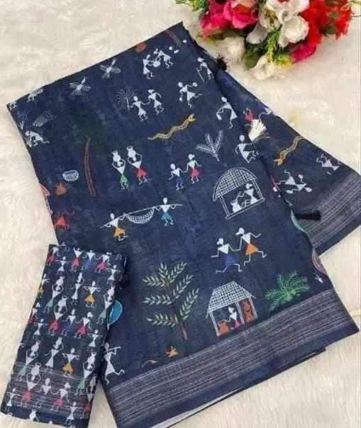 Cotton Linen Printed Saree for Women (Dark Grey, 6.3 m)