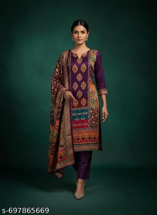 Bandhani Printed Jaipuri Designs Embroidered Top Bottom Duppata for Women (Purple, Un Stitched)
