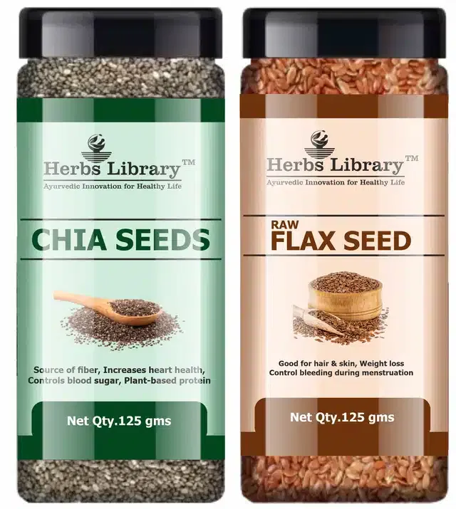 Herbs Library Chia and Raw Flax Seeds (Pack of 2, 125 g)