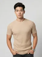 Polyester Round Neck T-shirt for Men, Beige 