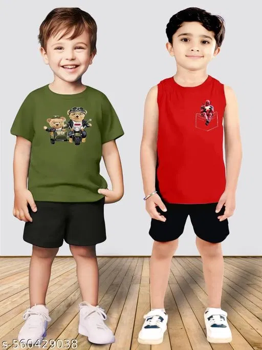 Cotton Blend Printed Clothing Set for Boys, Olive & red, Pack Of 2 (6-12 Months)